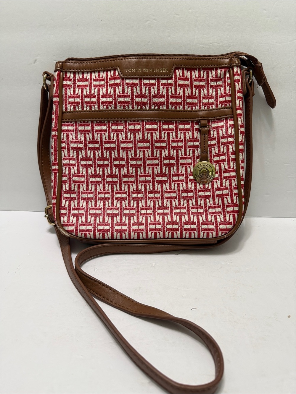 Tommy Hilfiger Red and White Monogram Crossbody with Brown Trim